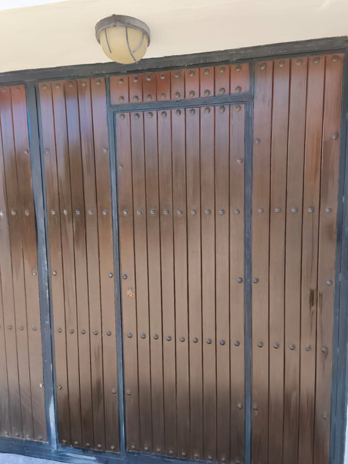 Carpintería exterior en Granada: puerta de garaje y peatonal barnizada en madera